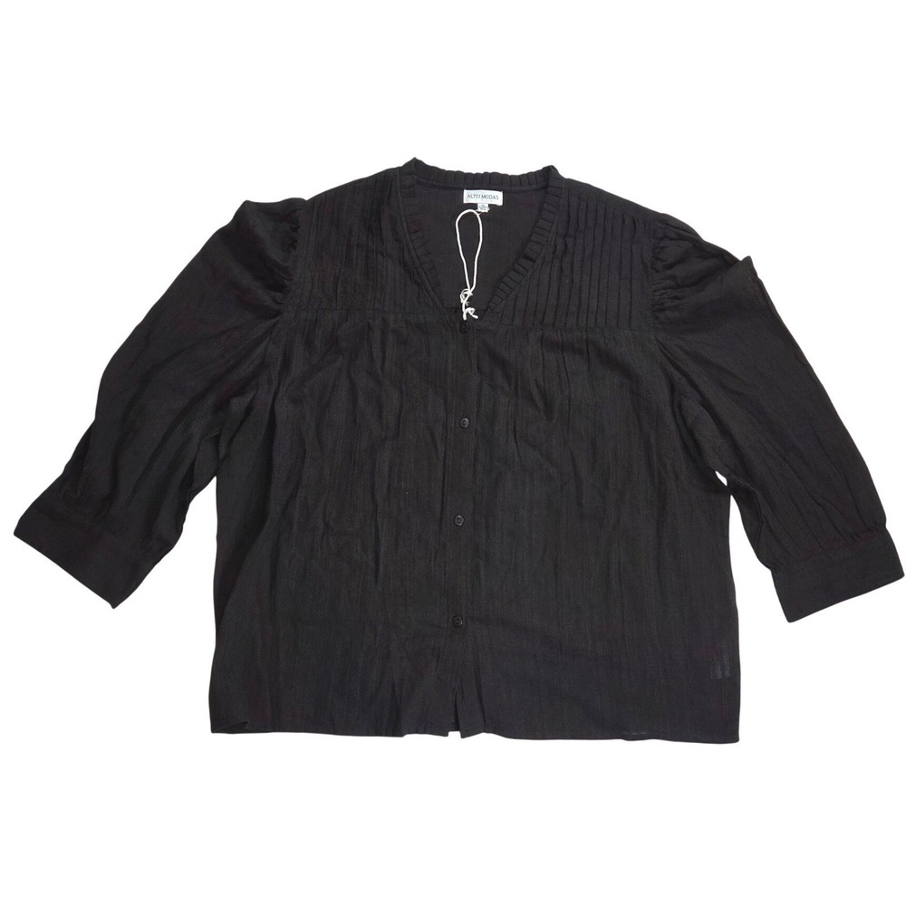 Alto Modas Women Black Cotton Button Up Vneck 3/4 sleeve blouse XL Casual Light